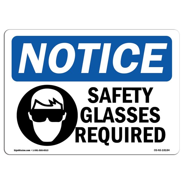 OSHA, Glasses Required, 18in X 12in Rigid Plastic, 18" W, 12" H, Landscape, OS-NS-P-1218-L-18184